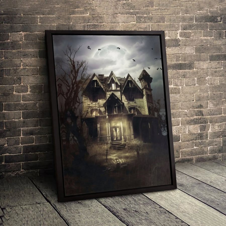Haunted House Wall Art | Spooky Full Moon Gothic Landscape | Premium Gallery-Wrap Canvas | Halloween Home Decor Gift
