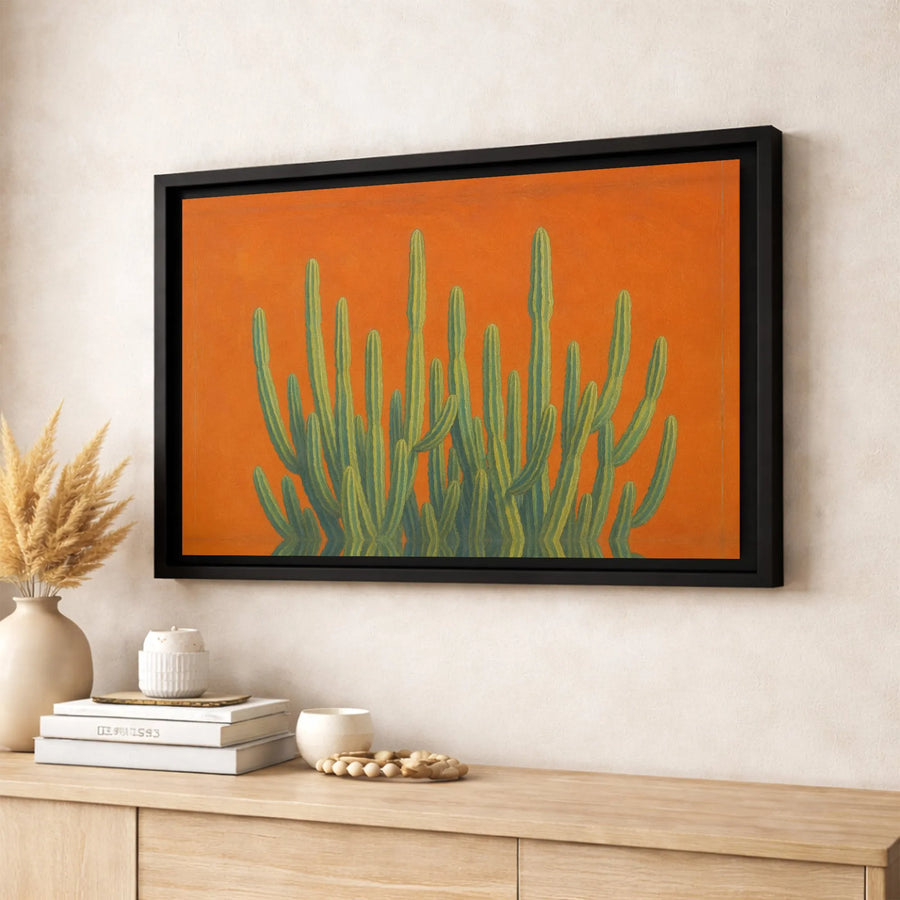 Desert Cactus Wall Art | Mid-Century Modern Minimalist Botanical Print | Premium Gallery Wrapped Canvas | Vibrant Orange Decor For Living Room