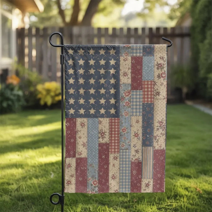 Vintage American Flag Garden Flag | Floral Patchwork Quilt Style | Double Sided Polyester Banner | Patriotic Farmhouse Yard Decor Gift