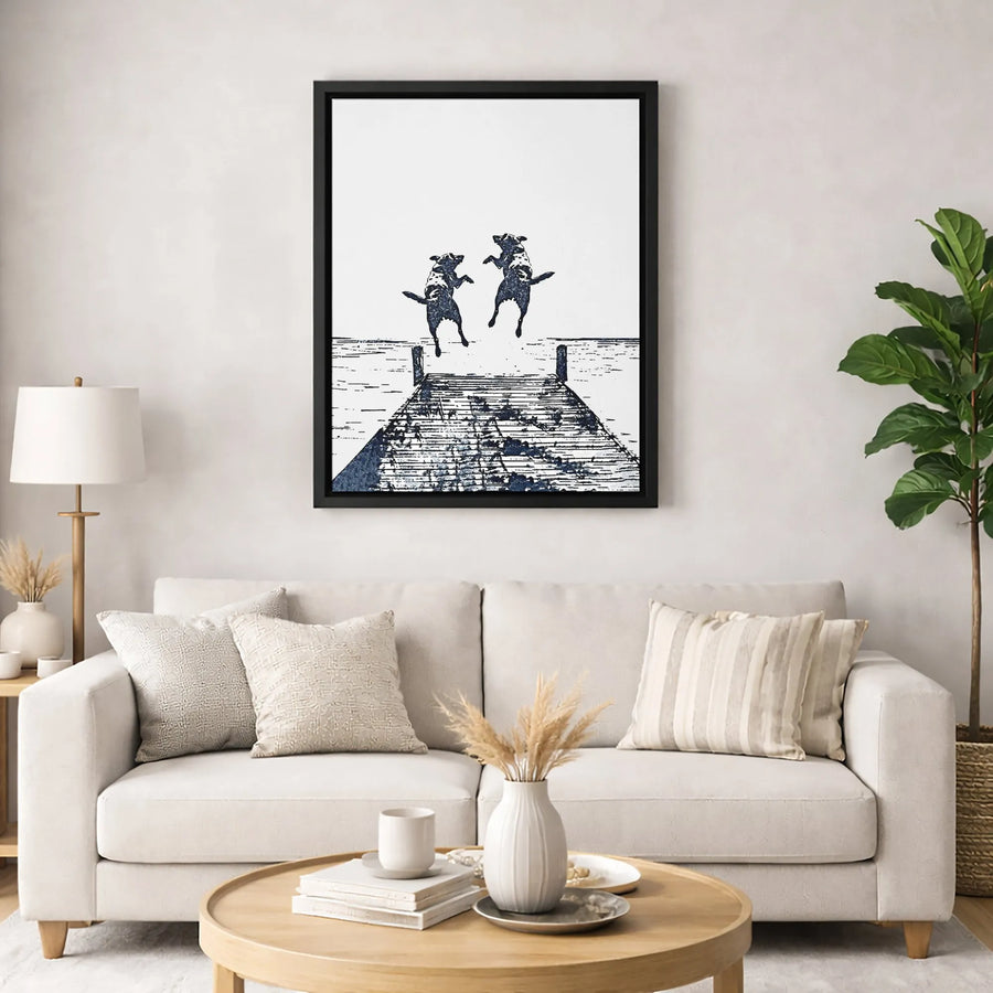 Dog Dock Jumping Wall Art | Minimalist Linocut Print | Premium Gallery Wrapped Canvas | Perfect Gift for Dog Lovers & Pet Owners