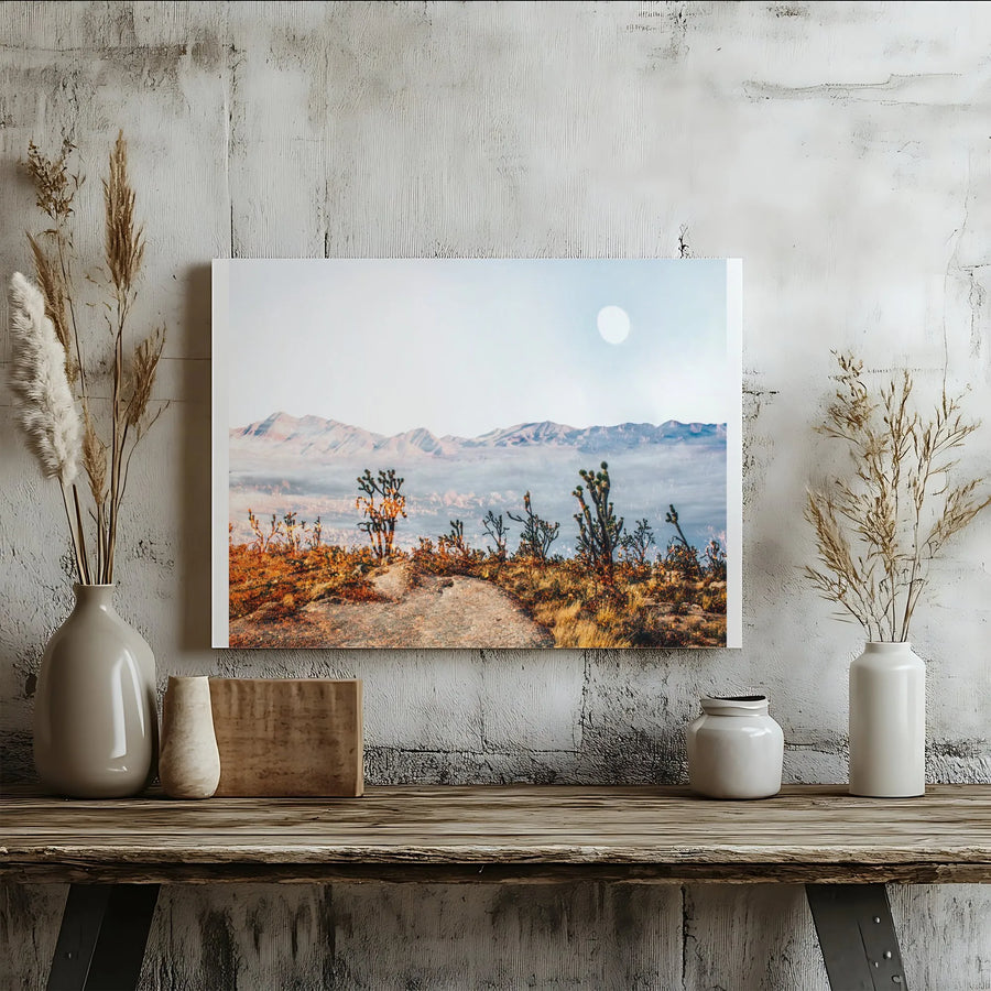 Desert Landscape Canvas Art | Misty Mountain & Joshua Tree View | Premium Gallery Canvas Print | Southwestern Boho Wall Decor Gift
