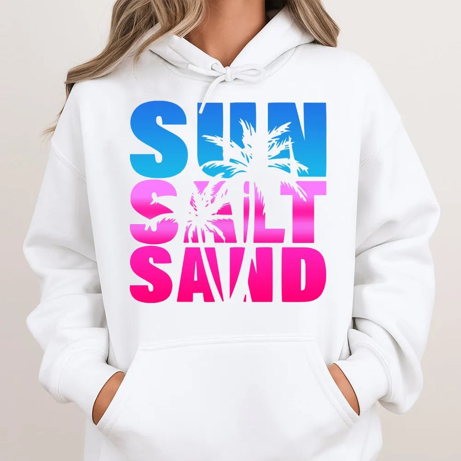Sun Salt Sand Hoodie | Pink & Blue Ombre Palm Tree Graphic | Cozy Cotton Blend Pullover | Trendy Beach Lover Gift for Summer Vacation