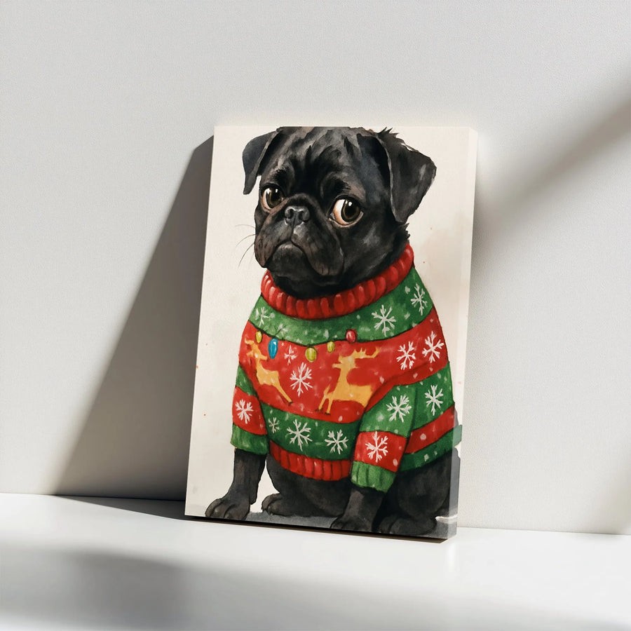 Black Pug Christmas Canvas Wall Art | Watercolor Ugly Sweater Dog Portrait | Premium 1.25" Gallery Wrap | Holiday Gift for Dog Lovers