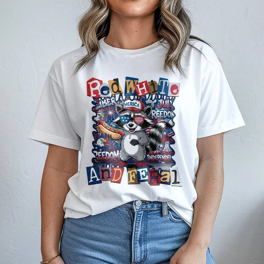 Red White and Feral T-Shirt | Funny Patriotic Raccoon Graphic | Soft Cotton-Blend Pullover | 4th of July Independence Day Gift