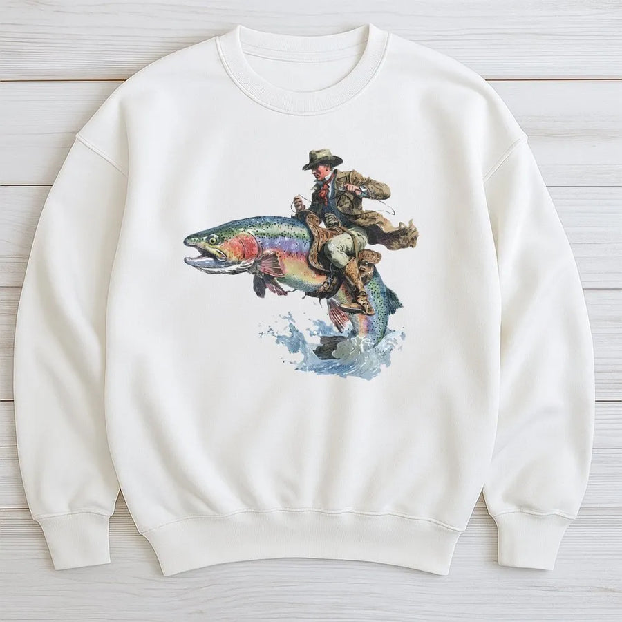 Cowboy Riding Trout Sweatshirt | Vintage Western Fishing Graphic | Premium Cotton Blend | Funny Gift for Fisherman Angler
