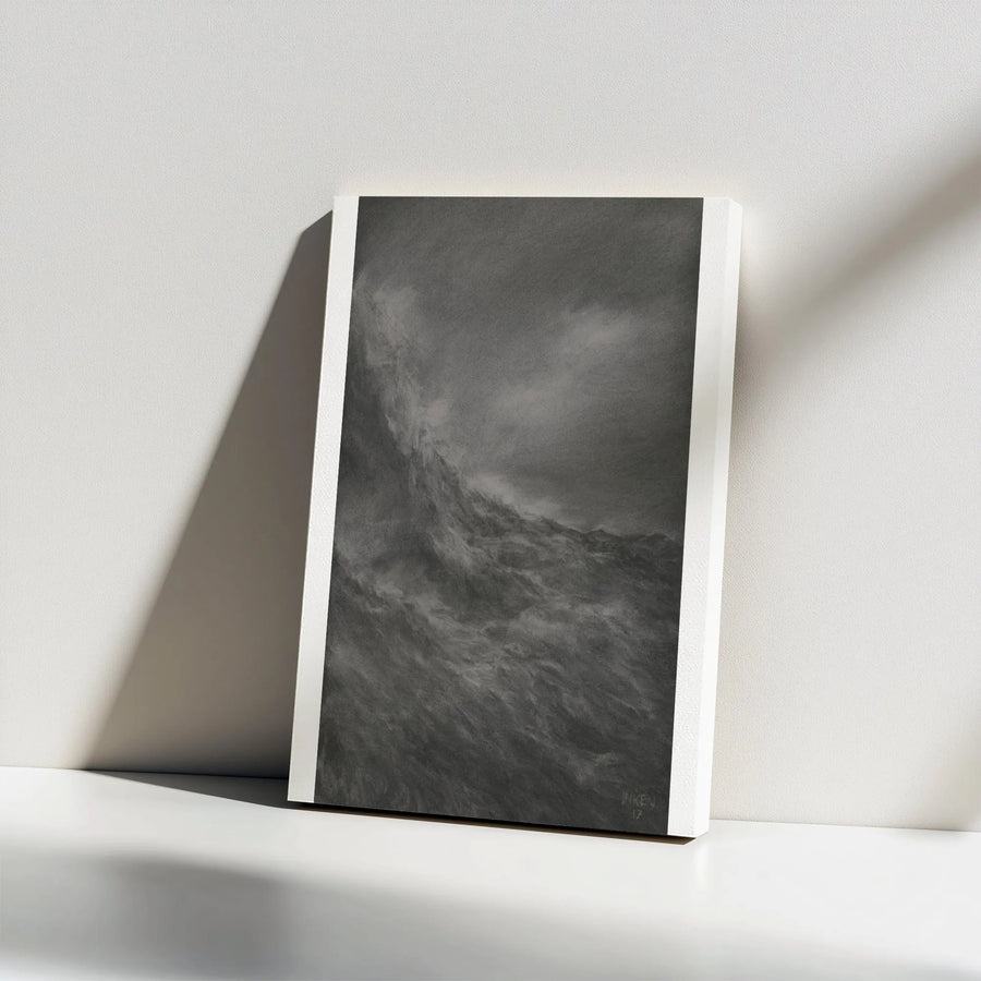 Abstract Ocean Wave Vertical Canvas | Monochrome Charcoal Wave Sketch | Premium Gallery Wrapped Canvas | Modern Minimalist Home Decor Gift