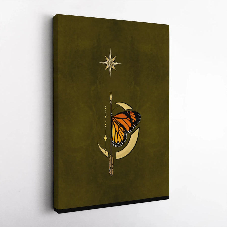 Monarch Butterfly Canvas Art | Crescent Moon And North Star Celestial Wall Decor | Gallery-Wrapped Premium Print | Boho Witchy Aesthetic Home Gift