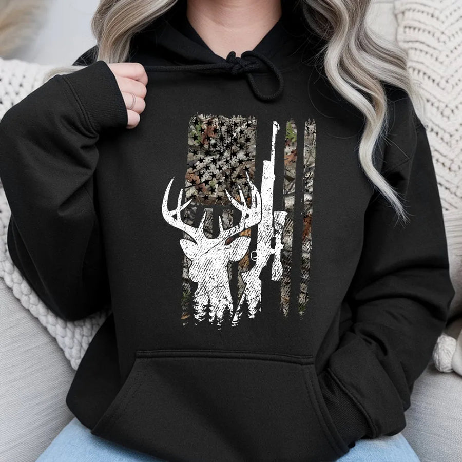 Deer Hunting American Flag Hoodie | Distressed Buck Skull Camo Graphic | Premium Cotton Blend | Patriotic Gift for Hunter Dad