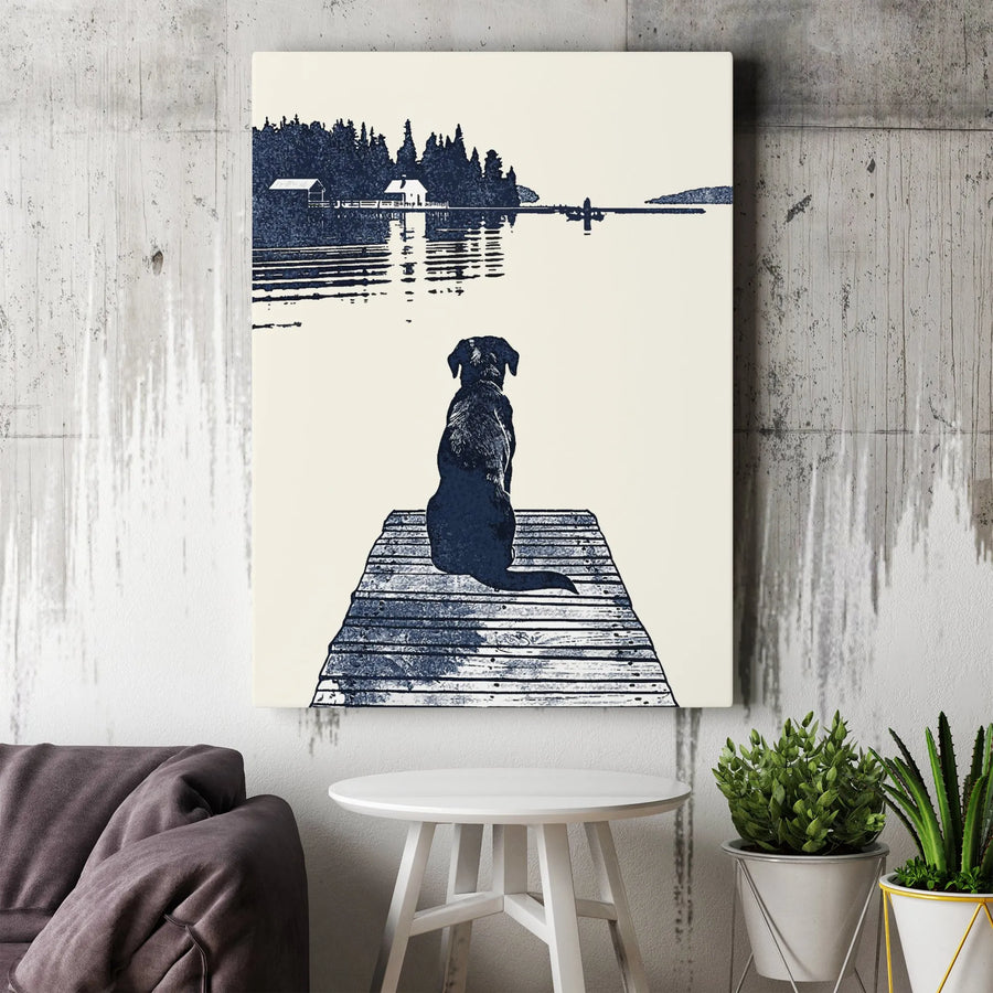 Dog on Dock Lake Wall Art | Minimalist Silhouette Landscape Print | Premium 1.25-inch Gallery Canvas | Peaceful Nature Decor Gift for Dog Lovers