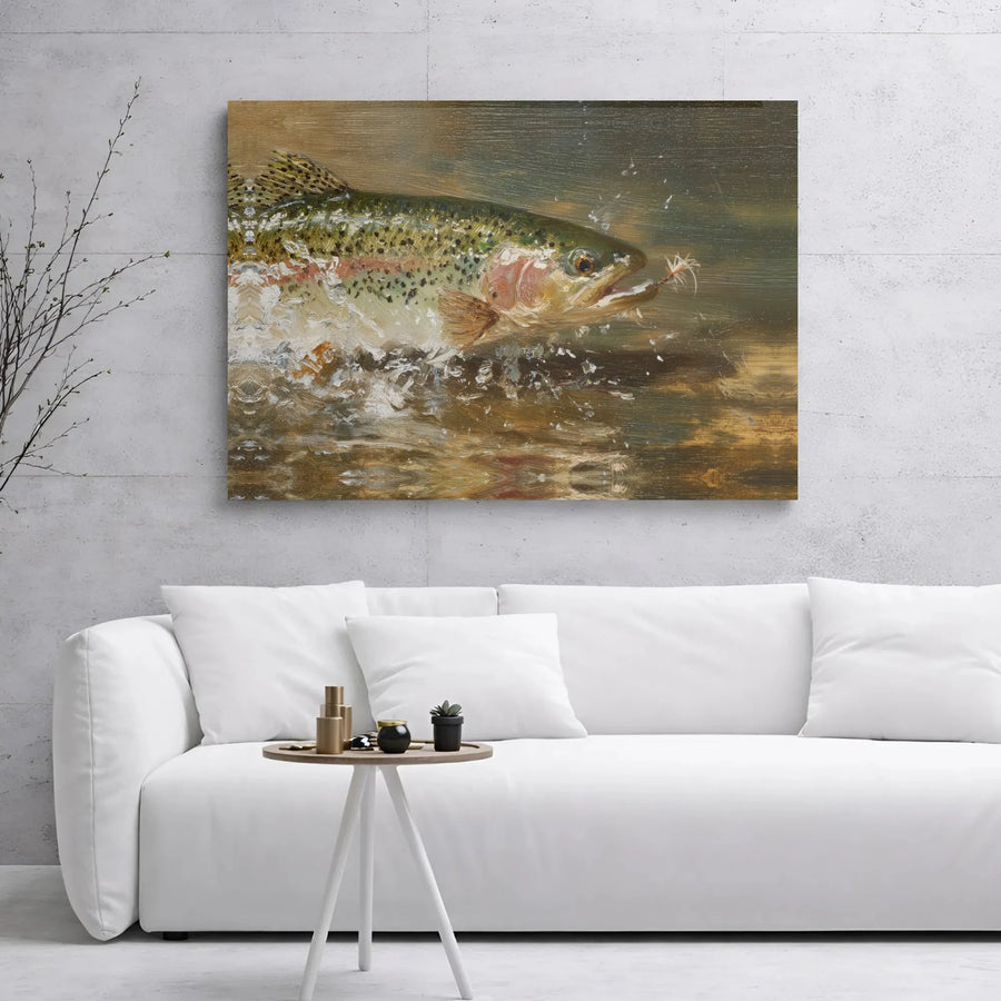 Rainbow Trout Fly Fishing Canvas | Jumping Fish Action Wall Art | Premium 1.25-inch Gallery Wrap | Gift for Fisherman & Outdoorsman Decor