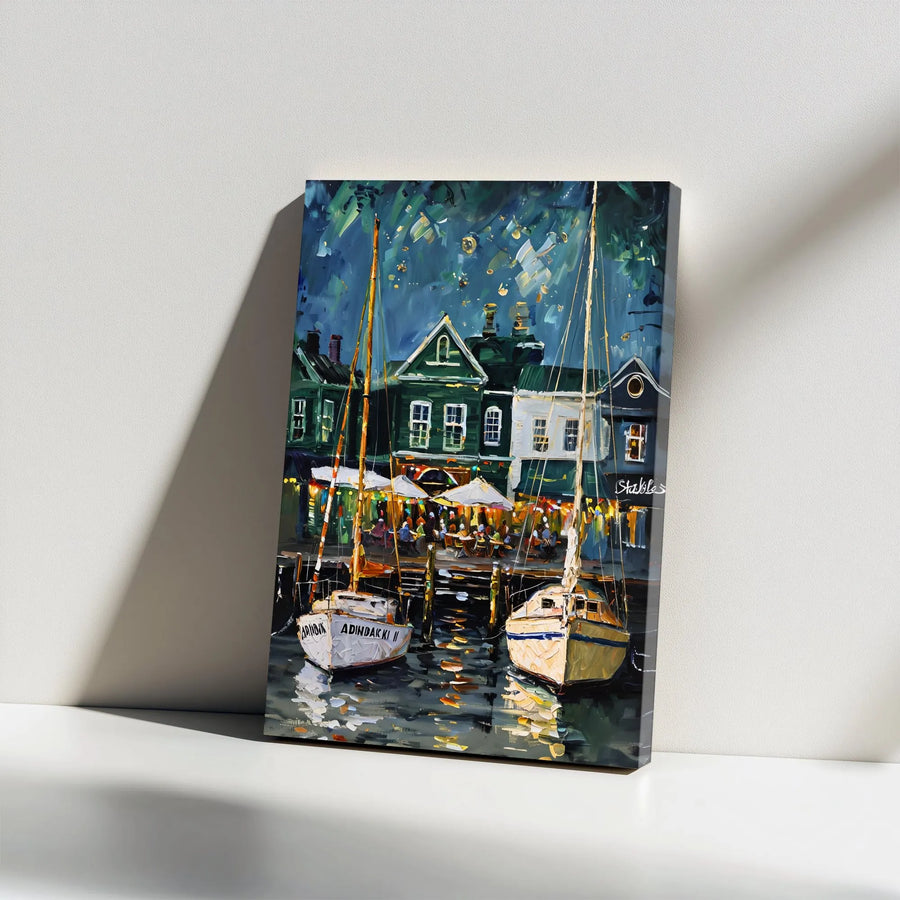 Harbor Sailboat Night Canvas Print | Impressionist Nautical Waterfront Art | Premium Gallery Wrapped Wall Decor | Coastal Home Office Gift
