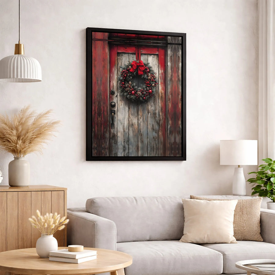 Rustic Christmas Door Canvas Wall Art | Red Wreath Farmhouse Print | Gallery Quality 1.25” Thick | Festive Holiday Home Decor Gift