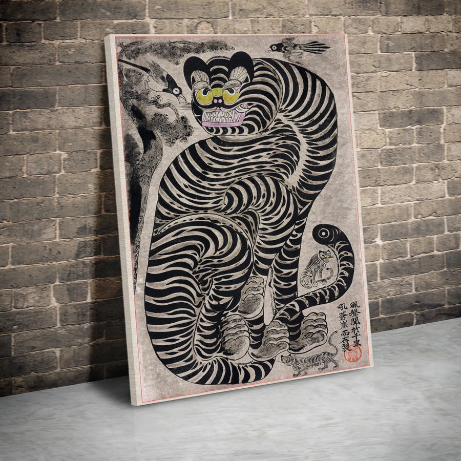 Korean Tiger and Magpie Painting | Kkachi-Horangi Folk Art Print | Gallery-Quality Canvas Wall Decor | Unique Cultural Home Gift