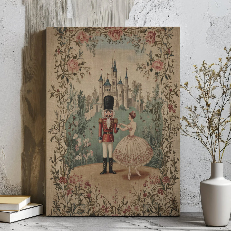 Nutcracker Ballet Canvas Art | Vintage Ballerina And Castle Floral Print | Gallery Wrap Home Decor | Holiday Christmas Gift For Dancers