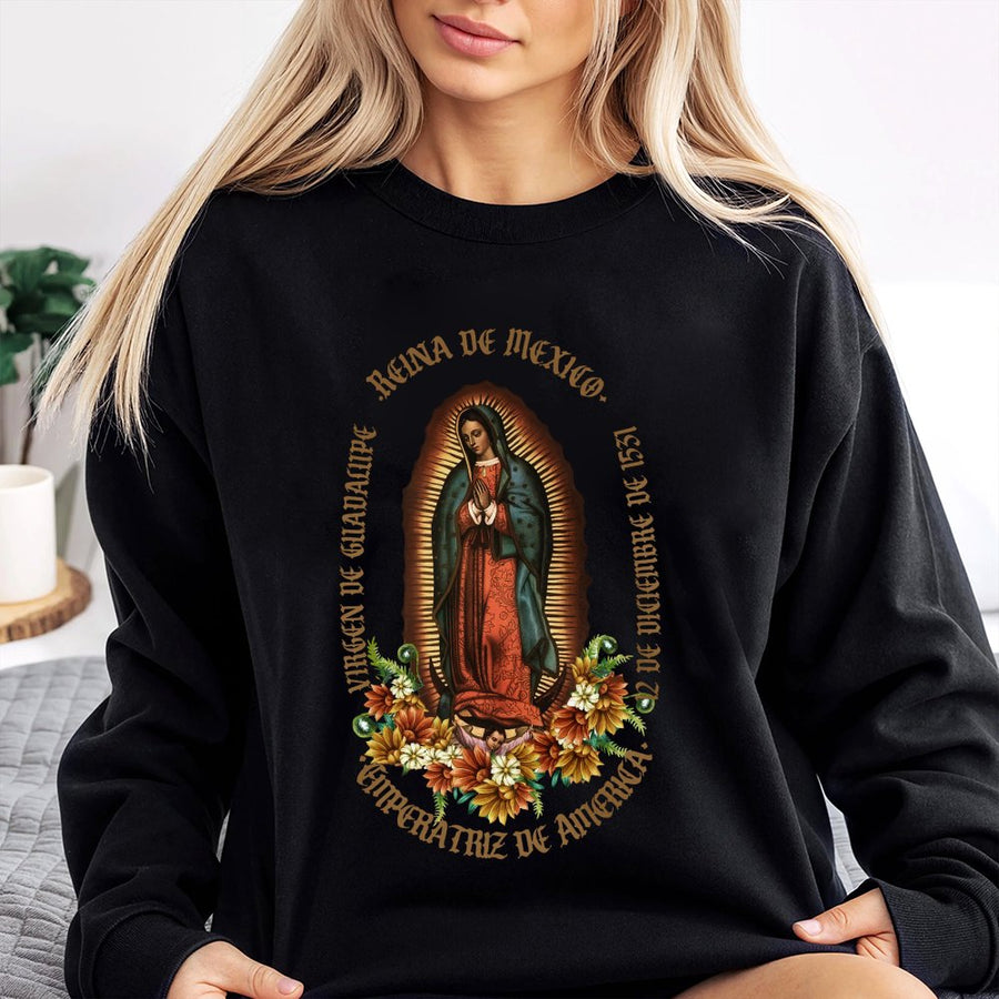Virgin of Guadalupe Sweatshirt | Floral Religious Graphic Print | Premium Cotton Blend Crewneck | Christian Faith Gift for Men and Women