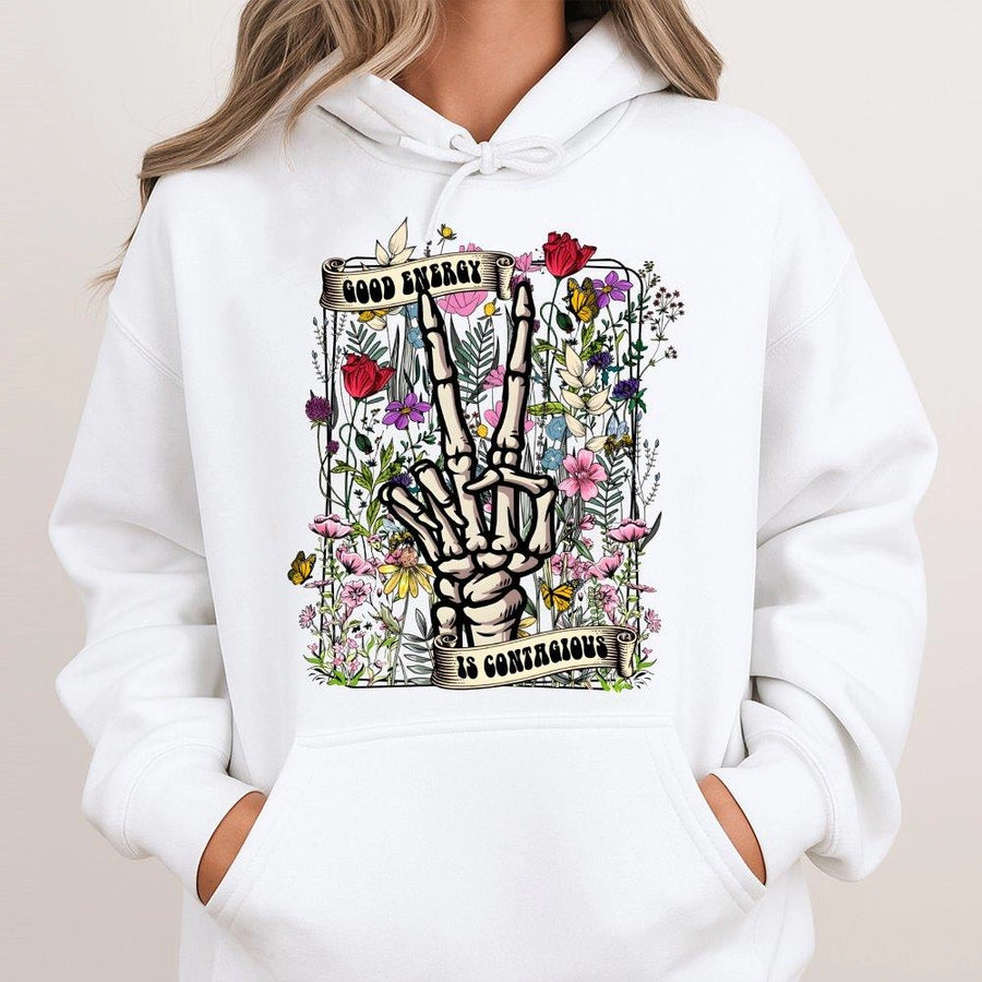 Good Energy Hoodie | Skeleton Peace Sign Floral Graphic | Soft Cotton Blend Streetwear | Positive Vibes Gift for Women & Men