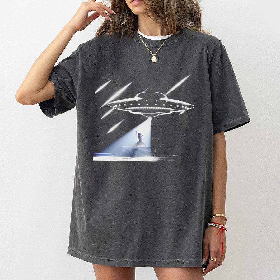 UFO Abduction Graphic T-Shirt | Retro Sci-Fi Aesthetic Design | Premium 100% Cotton | Funny Space Themed Gift for Music Fans