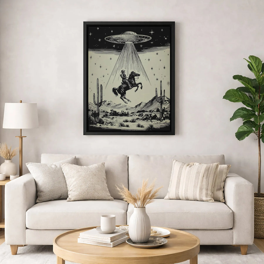 Alien Abduction Cowboy Canvas Print | Vintage Western Sci-Fi Art | Gallery-Quality 1.25-Inch Profile | Unique Gift for Western & Space Fans