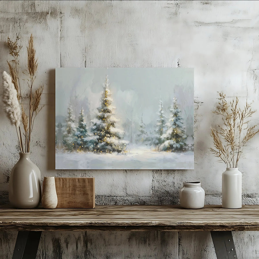 Snowy Winter Forest Canvas | Glowing Christmas Tree Art Print | Premium Gallery Wrap Decor | Holiday Home Wall Art Gift