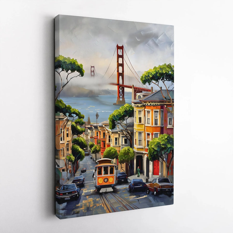 San Francisco Canvas Wall Art | Artistic Cityscape with Golden Gate Bridge | Premium Frameless Print | Collector's California Home Decor Gift