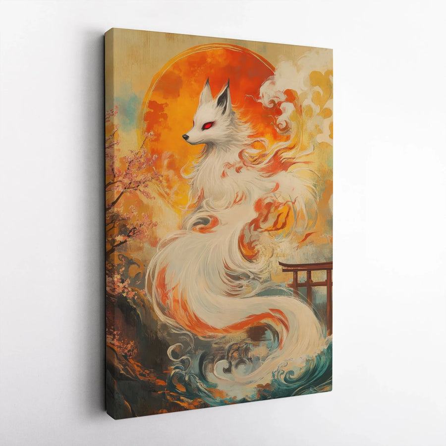 Japanese Kitsune Canvas Wall Art | Nine-Tailed Fox Mythical Forest Decor | Premium Gallery Wrap Print | Zen Asian Home Gift for Fans