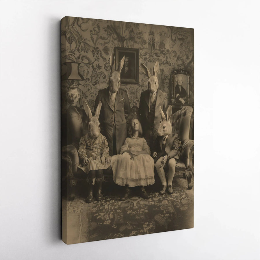 Surreal Rabbit Family Portrait Canvas | Vintage Gothic Wall Art | Premium 1.25 Inch Gallery Wrap | Unique Home Decor Gift