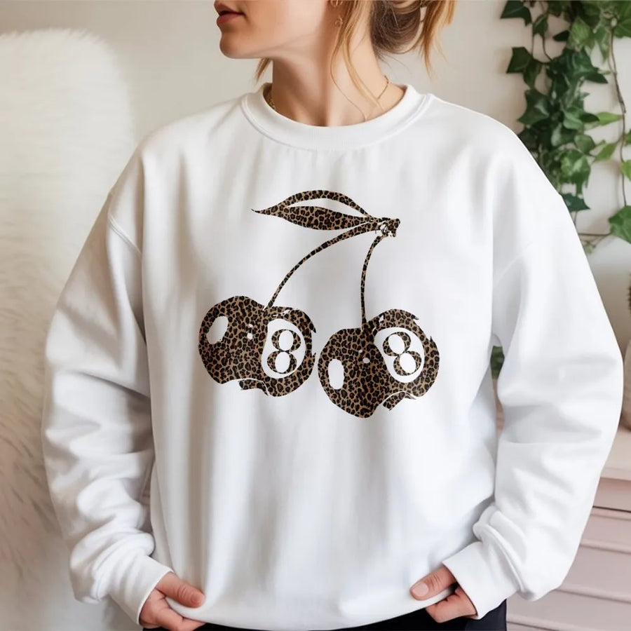 Leopard 8 Ball Cherry Sweatshirt | Trendy Retro Graphic Print | Cotton Polyester Blend | Unisex Gift for Streetwear Lovers