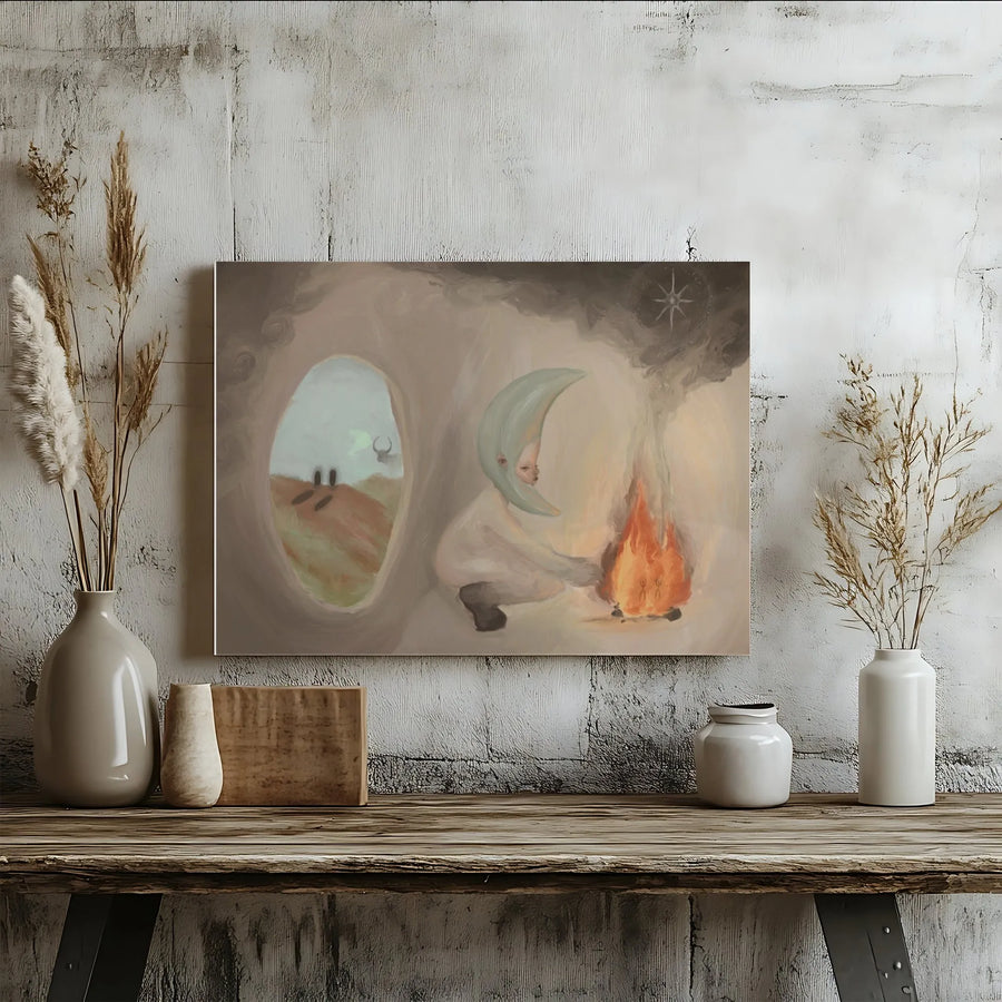 Surreal Moon Person Canvas Print | Mystical Campfire and Star Art | Premium Gallery Wrap Canvas | Unique Surrealism Home Decor Gift