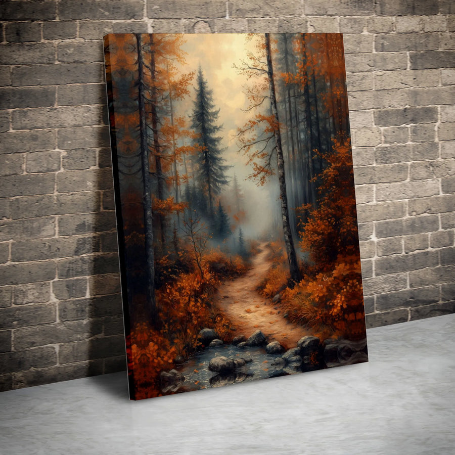 Misty Autumn Forest Canvas Wall Art | Serene Woodland Path With Stream | Gallery-Wrapped Premium Print | Nature-Inspired Home Decor Gift