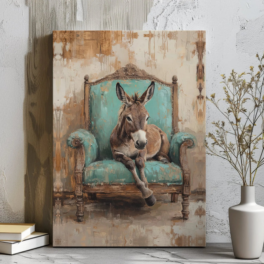 Donkey Wall Art | Whimsical Animal on Vintage Teal Armchair | Premium Gallery-Wrapped Canvas Print | Farmhouse Living Room Decor