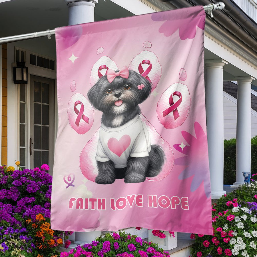 Breast Cancer Awareness Garden Flag | Cute Dog Faith Love Hope Design | Premium Fade-Resistant Polyester | Support Survivor Garden Decor Gift