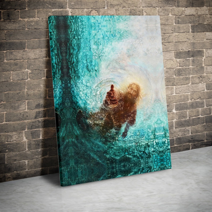 Jesus Reaching Hand From Water Canvas | Abstract Christian Wall Art | Premium Fade-Resistant Print | Spiritual Home Decor Gift