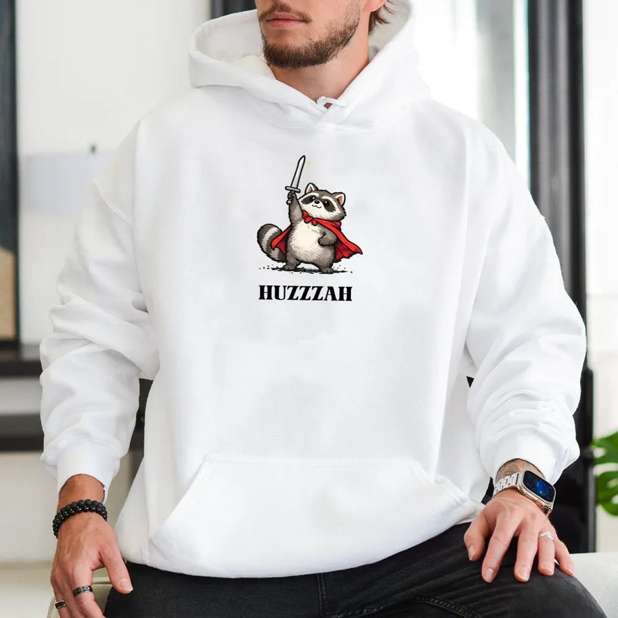 Raccoon Knight Graphic Hoodie | Huzzzah Medieval Warrior Humor | Soft Cotton Shirt | Funny Meme Aesthetic Gift for Fantasy Fans