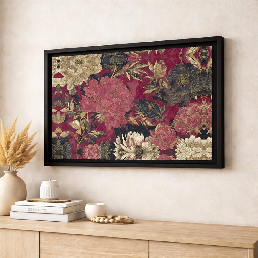 Floral Canvas Wall Art | Luxury Red Black and Gold Peony Print | Premium Gallery Wrapped Decor | Sophisticated Home and Office Gift