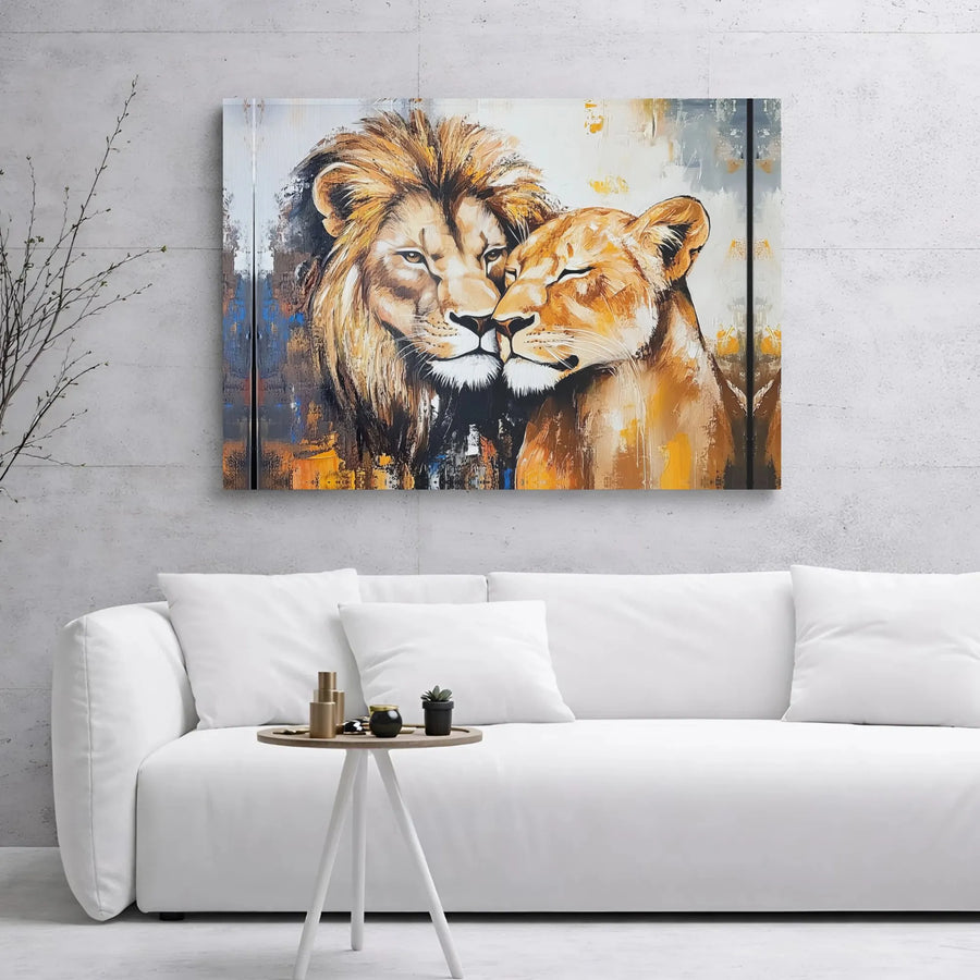 Lion And Lioness Couple Canvas | Abstract Wildlife Portrait | Premium 1.25 Inch Gallery Wrap | Romantic Home Decor Gift For Couples