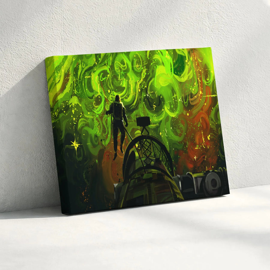Astronaut Space Fishing Horizontal Canvas | Surreal Sci-Fi Neon Green Nebula Wall Art | Premium 1.25 Inch Gallery Wrap | Unique Gift for Gamers and Cosmic Art Collectors