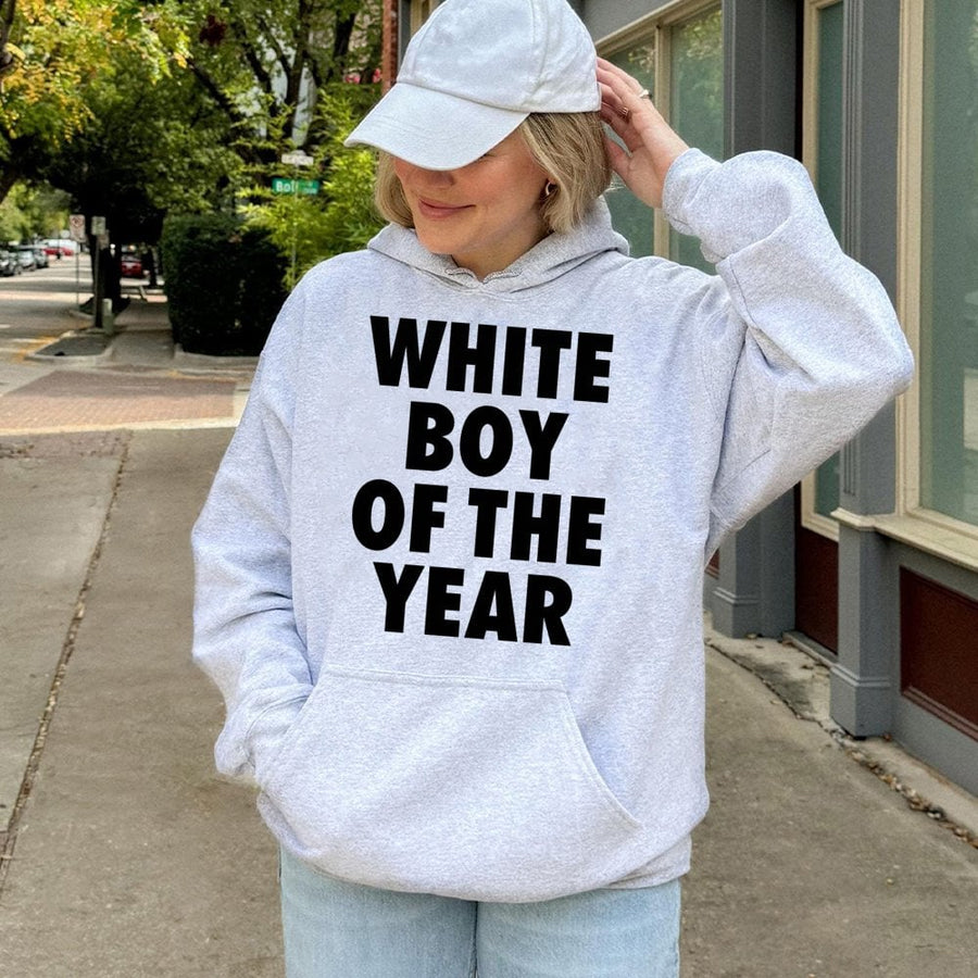 White Boy Of The Year Hoodie | Funny Graphic Text Sweatshirt | Premium Cotton-Blend | Trendy Gift For Boyfriend Or Husband