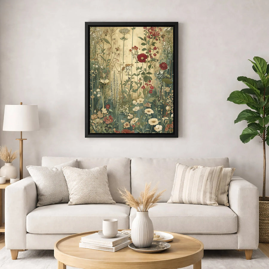 Vintage Botanical Wildflower Canvas Print | Gold Meadow Floral Wall Art | Premium Gallery Wrapped Decor | Nature-Inspired Home Office Gift