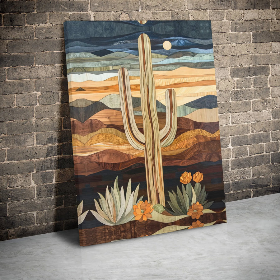 Saguaro Cactus Desert Wall Art | Southwestern Wood Marquetry Style Print | Premium Gallery Wrap Canvas | Modern Home & Office Decor Gift