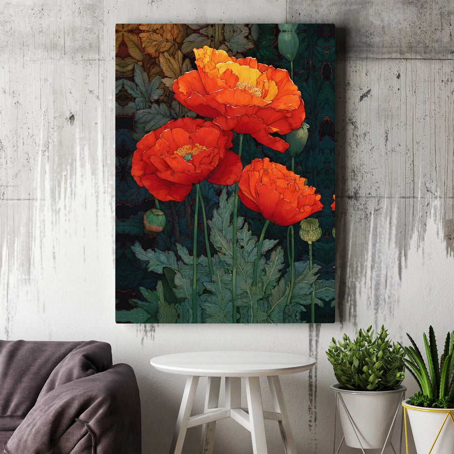 Red Poppy Canvas Wall Art | Vintage Botanical Illustration | Thick Gallery Wrapped Canvas | Premium Living Room Home Decor Gift