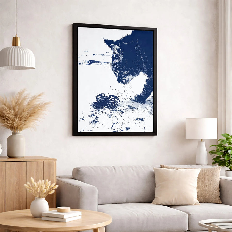 Cat and Crab Beach Canvas Wall Art | Blue and White Coastal Decor | Premium Gallery Wrap Print | Modern Animal Nature Home Gift