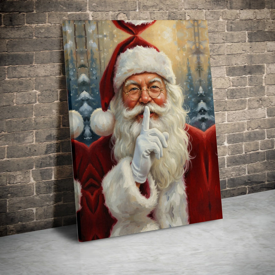 Santa Claus Shushing Gesture Canvas Art | Whimsical Secret Santa Wall Decor | Premium 1.25 Inch Gallery Wrap | Festive Christmas Holiday Home Gift