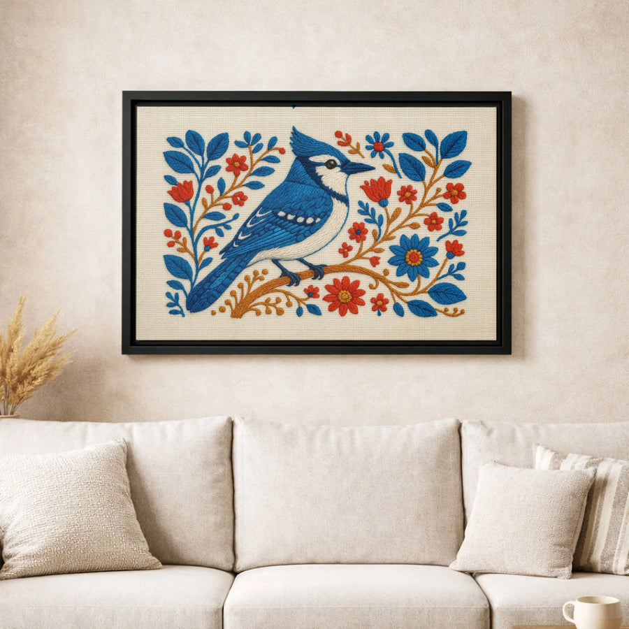 Blue Jay Bird Canvas Wall Art | Folk Art Embroidery Style | Premium Fade-Resistant Gallery Wrap | Nature-Inspired Home Decor Gift