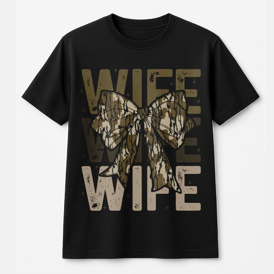 Wife Camo Bow T-Shirt | Rustic Hunting Aesthetic Graphic Tee | 100% Premium Cotton | Cute Gift for Outdoorsy Women and Hunting Wives