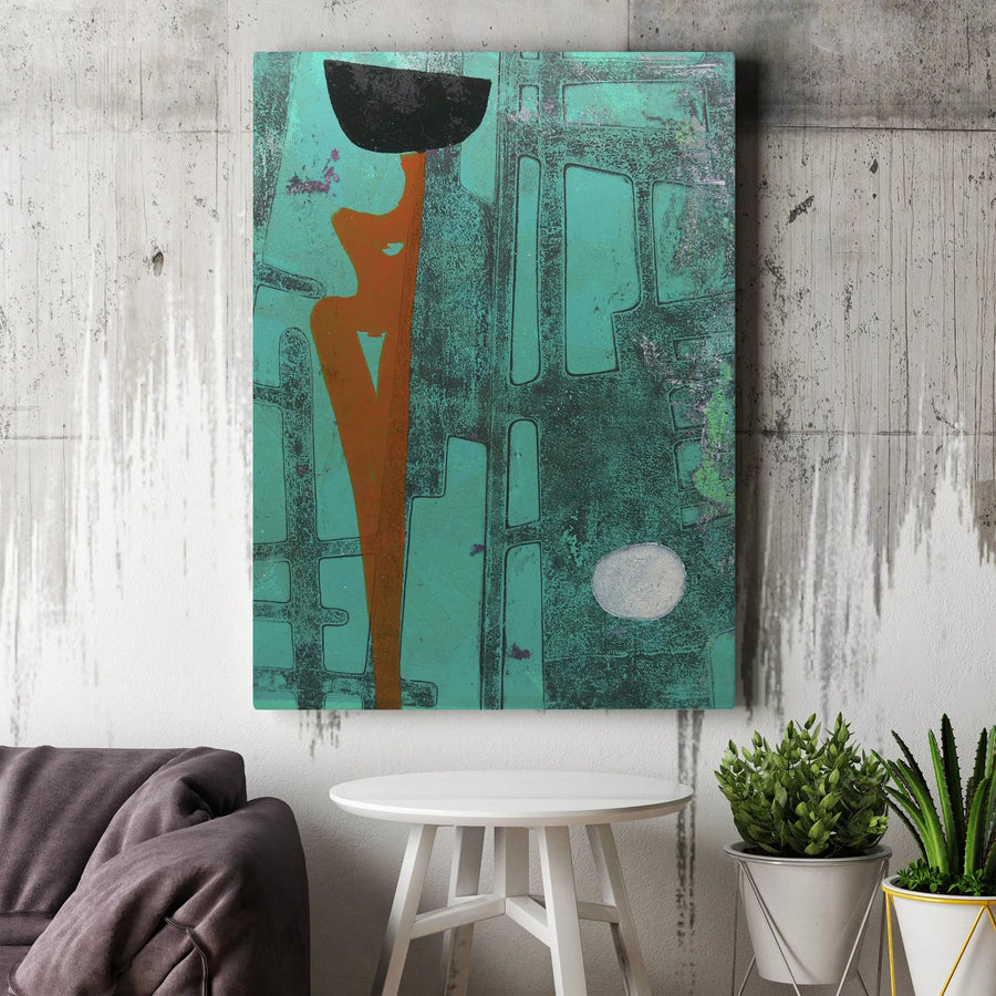 Abstract Figurative Vertical Canvas | Minimalist Teal & Rust Orange Silhouette Art | 1.25” Thick Gallery Wrap Frameless Print | Modern Living Room Office Wall Decor Gift