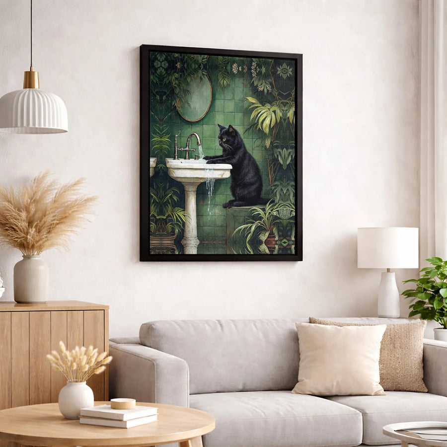Black Cat Bathroom Wall Art | Whimsical Pet Washing Paws Decor | Gallery Quality Canvas Print | Unique Cat Lover Gift Idea