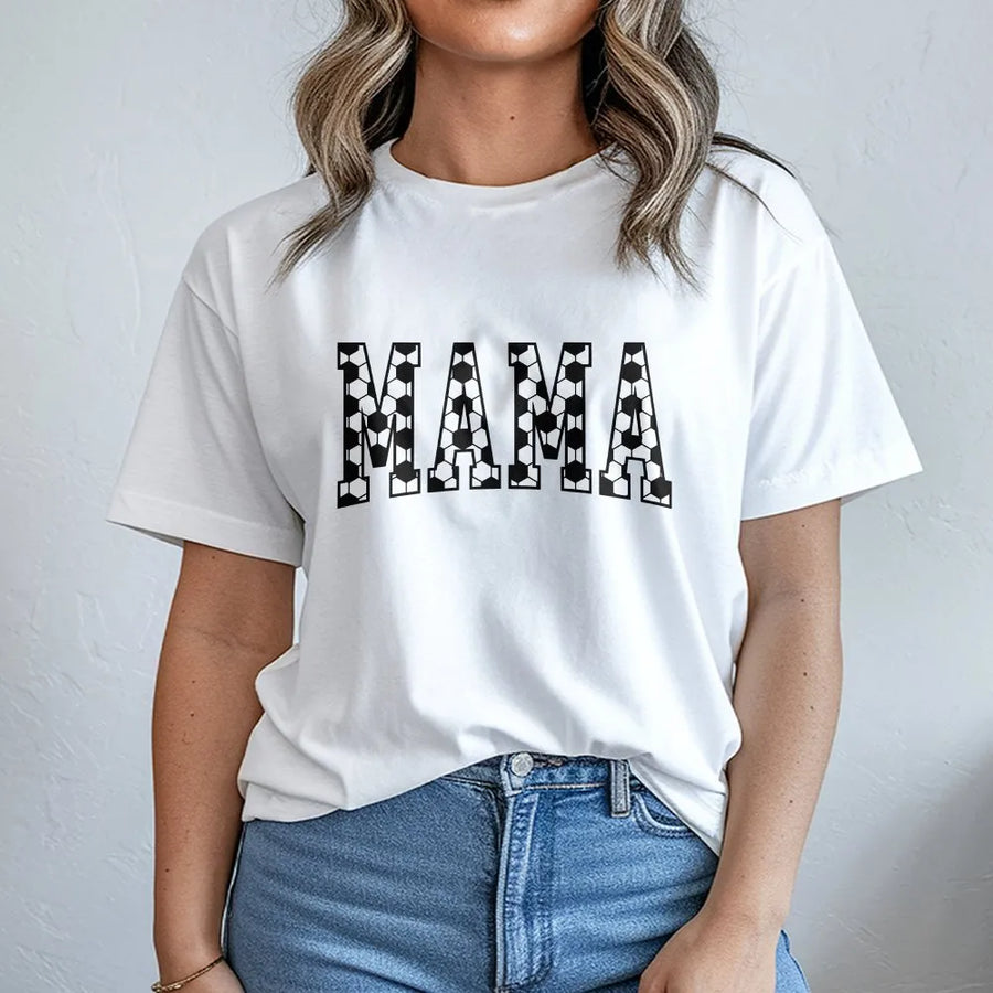 Soccer Mama T-Shirt | Soccer Ball Pattern Lettering | Soft Cotton Unisex Tee | Mother's Day Gift for Soccer Moms