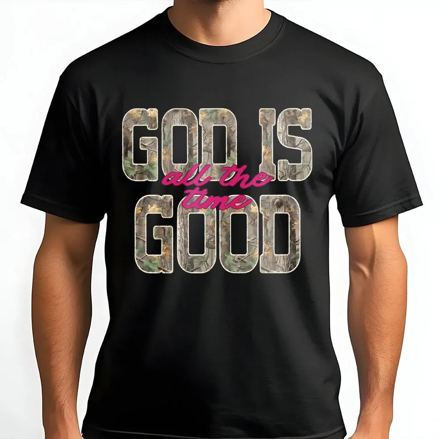 God Is Good All The Time T-Shirt | Retro Distressed Camo Print | Premium Cotton-Blend Fabric | Inspirational Christian Faith Gift