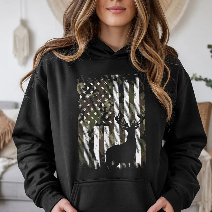 Camo US Flag Deer Hoodie | Distressed Buck Hunting Graphic | Premium Cotton Blend | Gift for Hunter and Outdoorsman