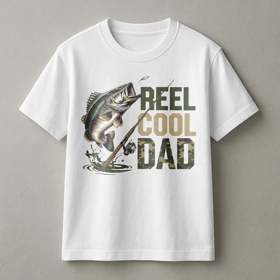 Reel Cool Dad Fishing T-Shirt | Bass Fishing Graphic with Camo Text | Premium Cotton Blend | Father's Day Gift for Fisherman